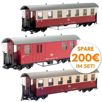 Personenwagen mit 7 Fenster und Packwagen im 3-Set HSB
