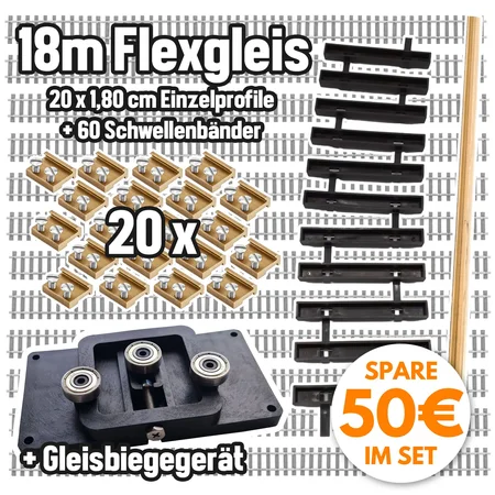 Gleis-Bau Set mit 18 Meter Gleisprofile 20 STK Messing, 60 Flex-Schwellenbänder, 20 Schienenverbinder & GRATIS Gleisbiegegerät Bausatz ML-Train 8200272