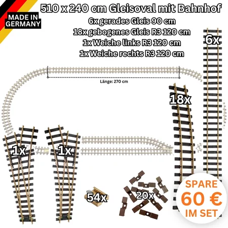 Großes Gleisoval 510 x 240 cm mit Bahnhof im Set ML-Train 8200293