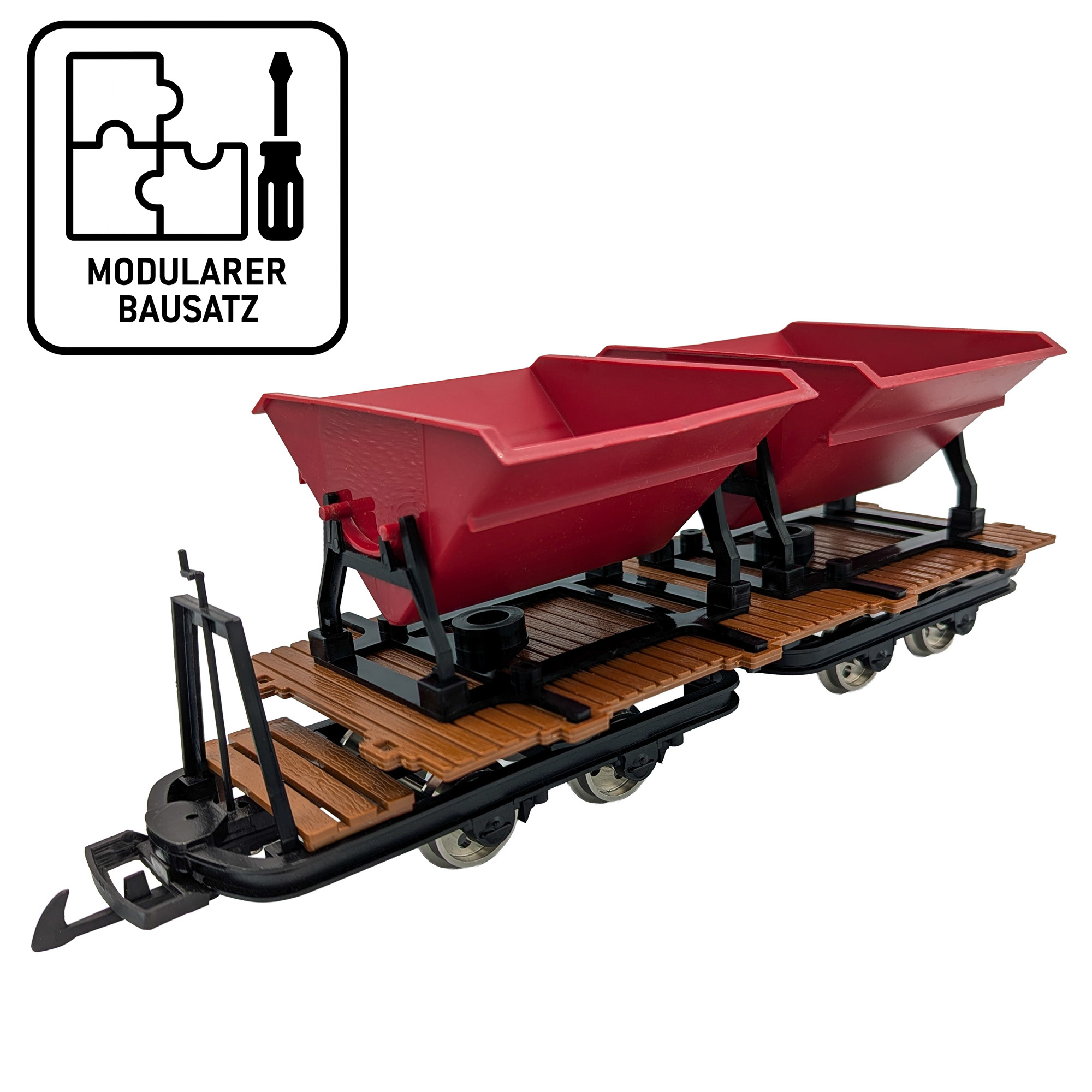 Feldbahn-Flachwagen mit Doppel-Kipplore rot als Bausatz Spur G