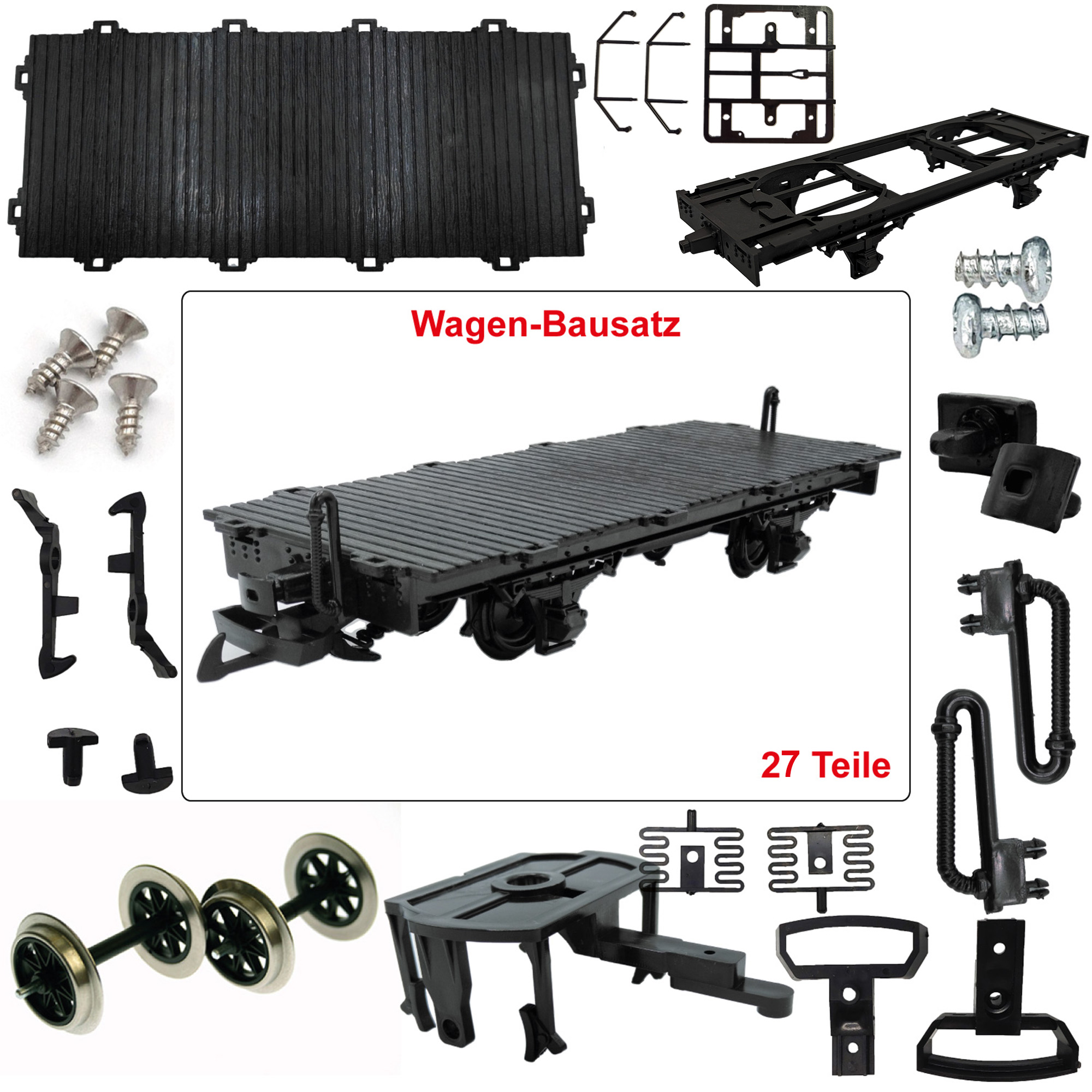 Flachwagen schwarz mit Doppelspeichen-Metallräder als Spur-G Bausatz ML-Train 88921510