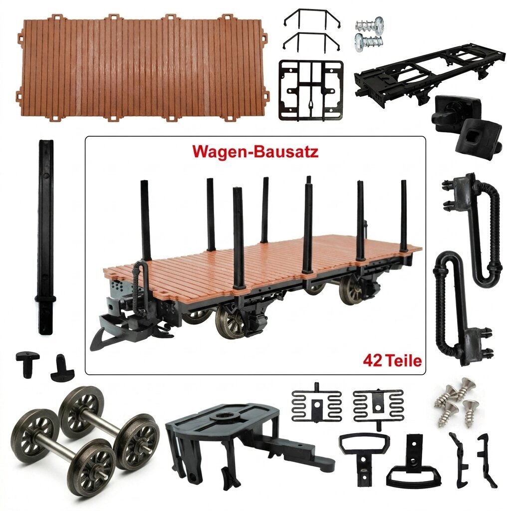 Rungenwagen Bausatz Spur G braun/schwarz – 42 Teile, Metall-Speichenradsätze 31 mm ML-Train 88923560