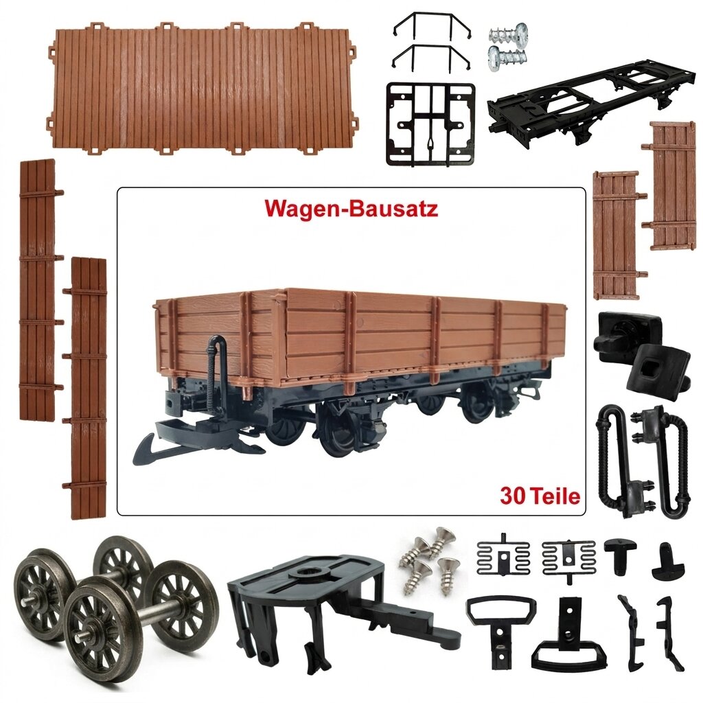 Niederbordwagen gerade braun Bausatz Spur G mit Metall-Speichenradsatz 31 mm ML-Train 88923580