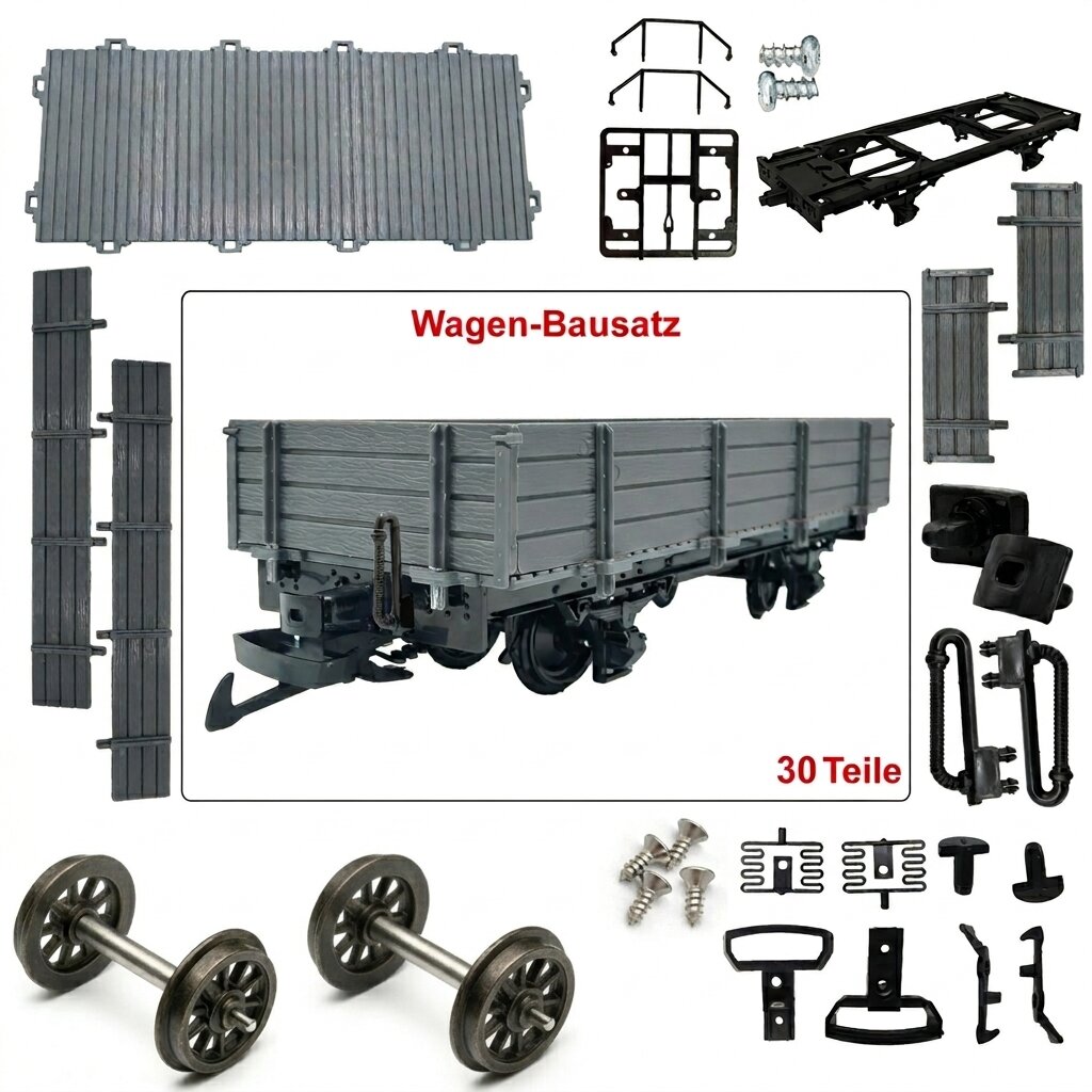 Niederbordwagen grau Spur G Bausatz mit Metall-Speichenradsätzen 31 mm – 30 Teile ML-Train 88923590