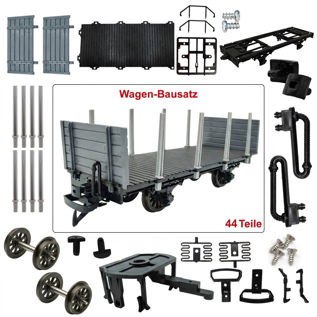 Rungenwagen Bausatz Spur G schwarz/grau mit Metall-Speichenradsätzen 31 mm – 44 Teile ML-Train 88923600