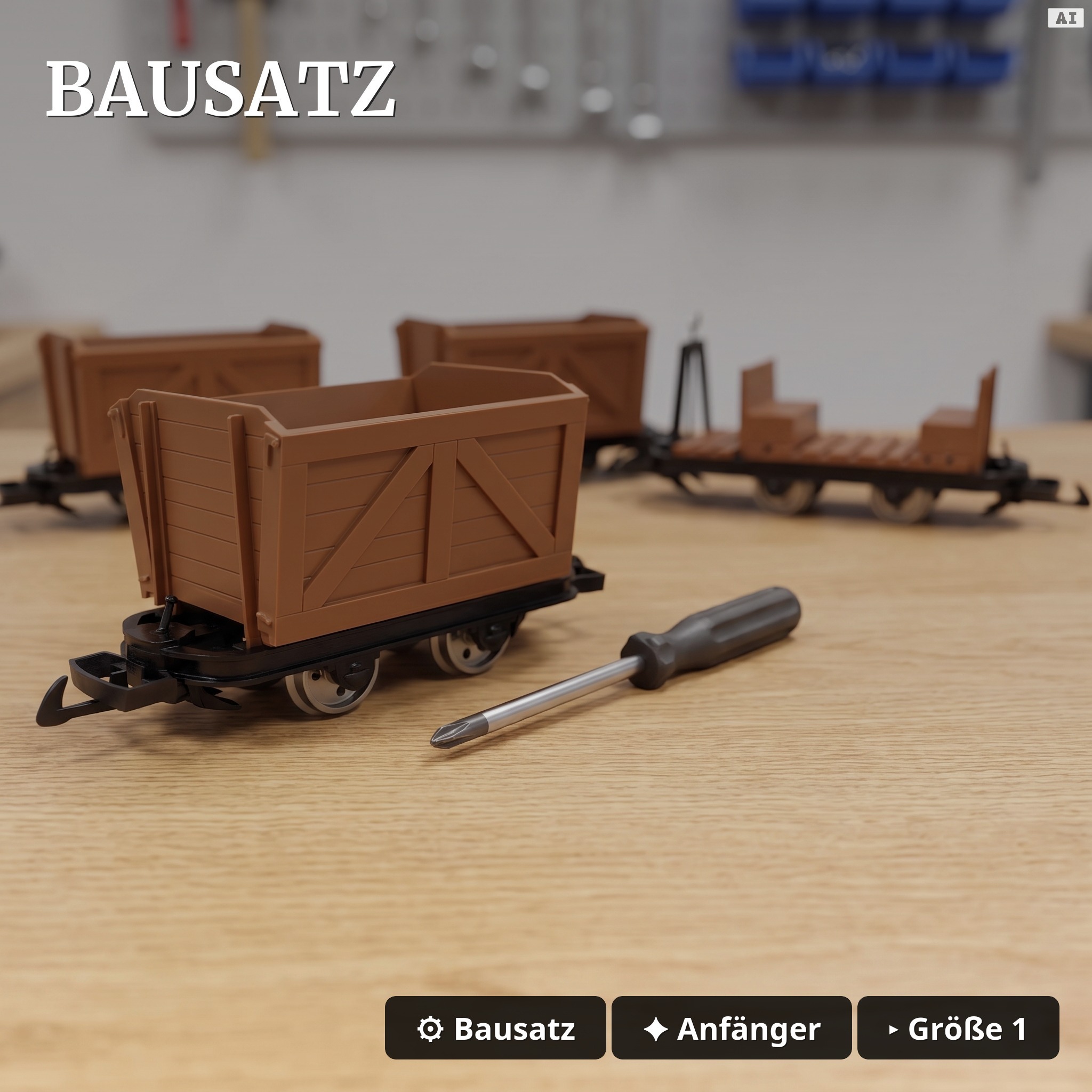 6er-Set Feldbahnwagen mit Lokführer Marius: 4 Torfloren und Mannschaftswagen, Bausatz Spur G, ML-Train 8200256 - Bausatz