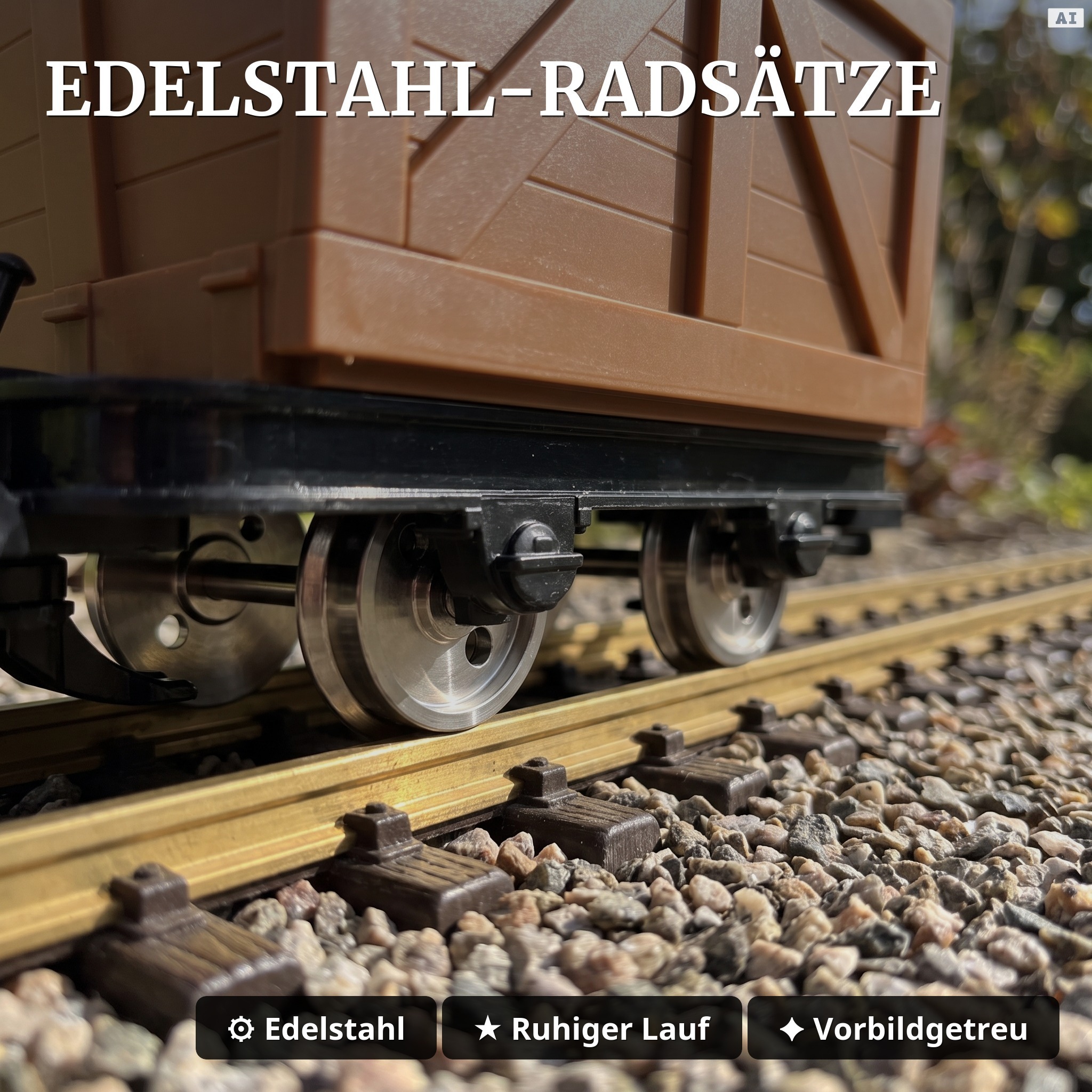 6er-Set Feldbahnwagen mit Lokführer Marius: 4 Torfloren und Mannschaftswagen, Bausatz Spur G, ML-Train 8200256 - Edelstahl-Radsätze