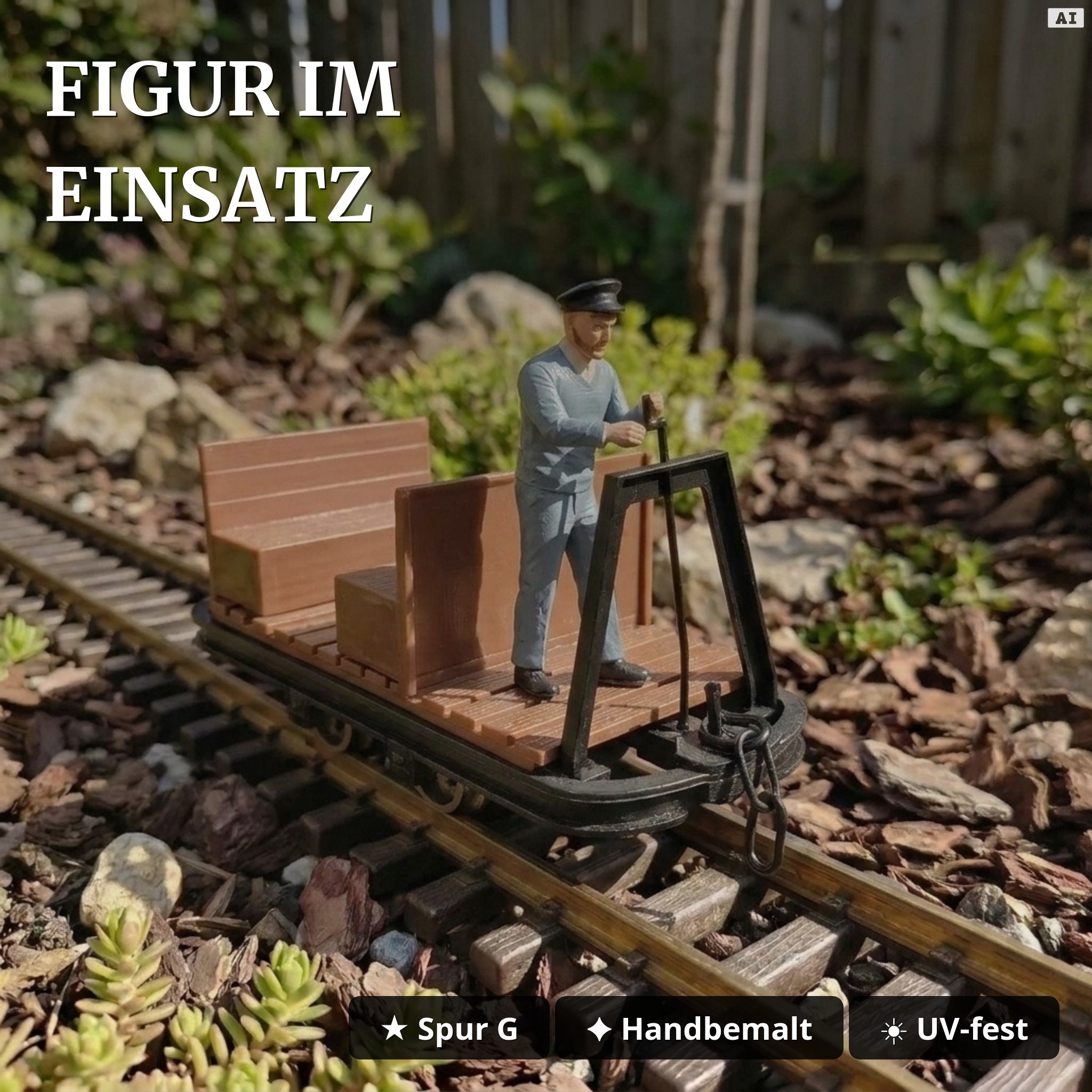 6er-Set Feldbahnwagen mit Lokführer Marius: 4 Torfloren und Mannschaftswagen, Bausatz Spur G, ML-Train 8200256 - Figur im Einsatz