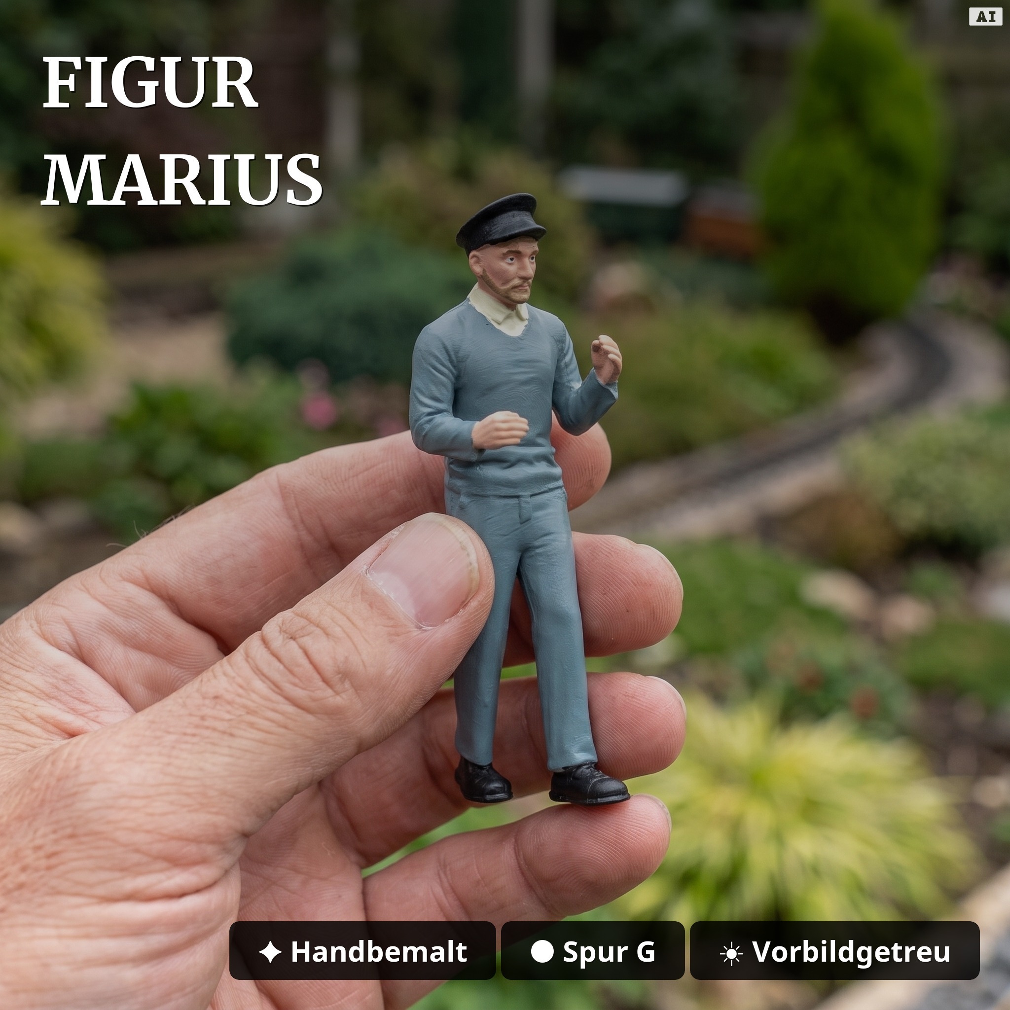 6er-Set Feldbahnwagen Spur G als Bausatz-Wagen mit Figur Marius - 4x Kipplore grau, Lore mit Bremserbühne, ML-Train 8200 - Figur Marius