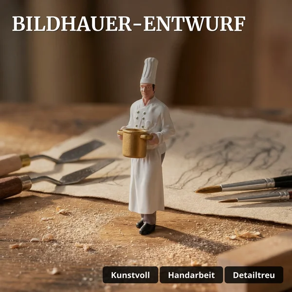 ML-Train Chefkoch Massimo Spur G – Figur mit Kochtopf, Handbemalt, Wetterfest - Bildhauer-Entwurf
