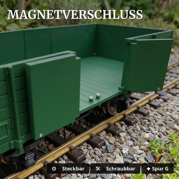 Hochbordwagen grün inkl. Türen mit Magnetverschluss und Edelstahlradsätzen als Spur G Bausatz ML-Train 88900070 - Magnetverschluss