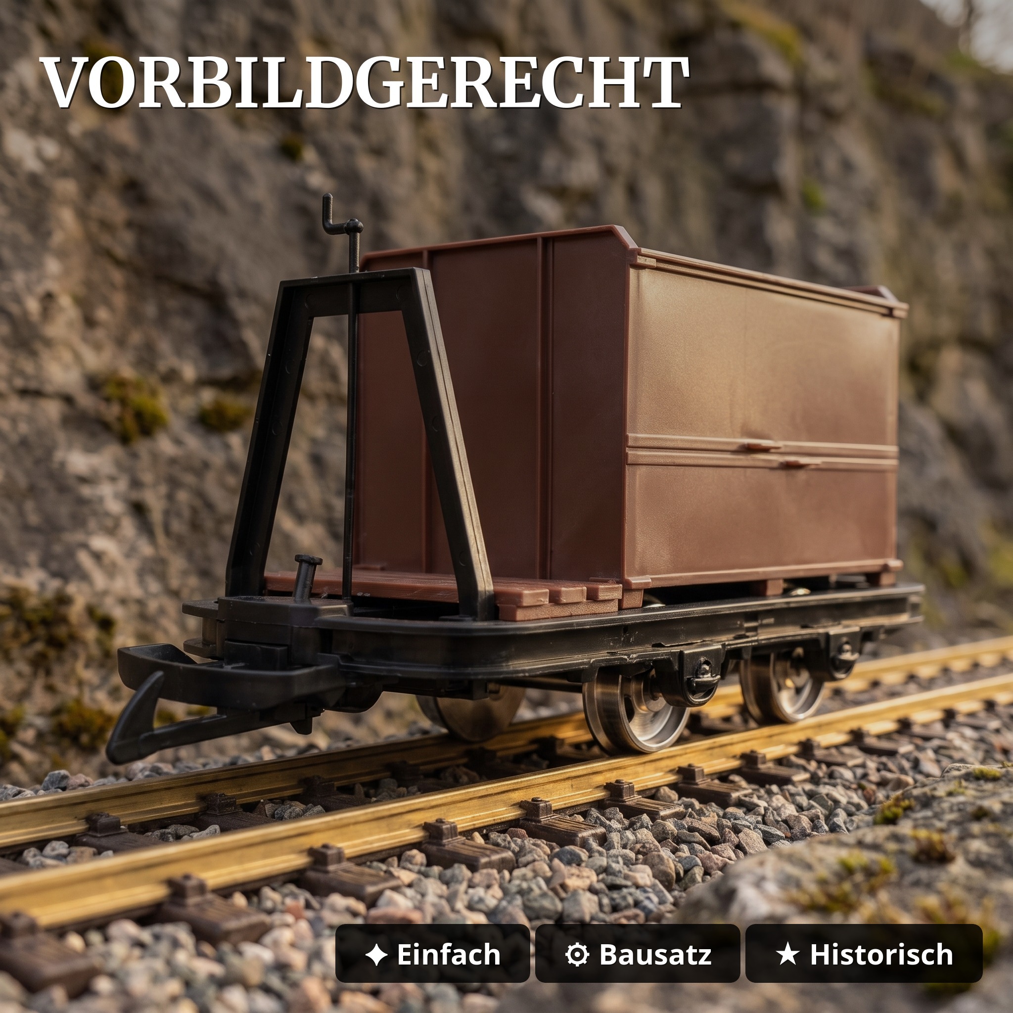 Kastenlore mit Bremserbühne Grubenhunt Feldbahnwagen braun Spur G Bausatz ML-Train 88919365 - Vorbildgerecht