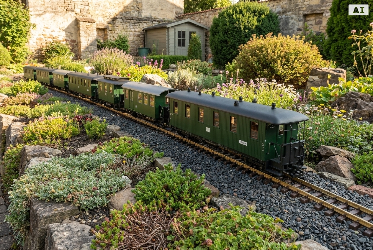 Zugbildung mit kurzen personenwagen für hsb gartenbahn – Detailansicht