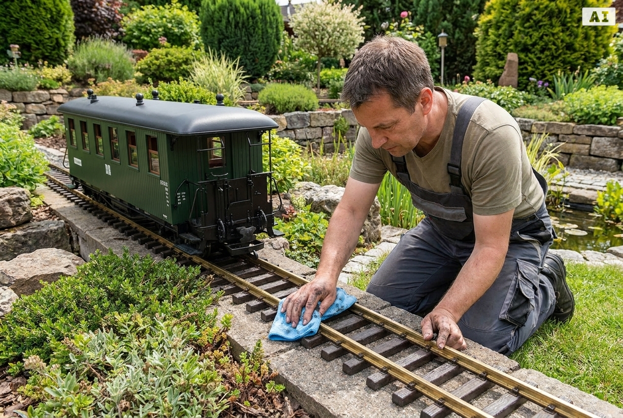 Wie personenwagen blau kurz auf gartenbahn gleisen reinigen in der Praxis
