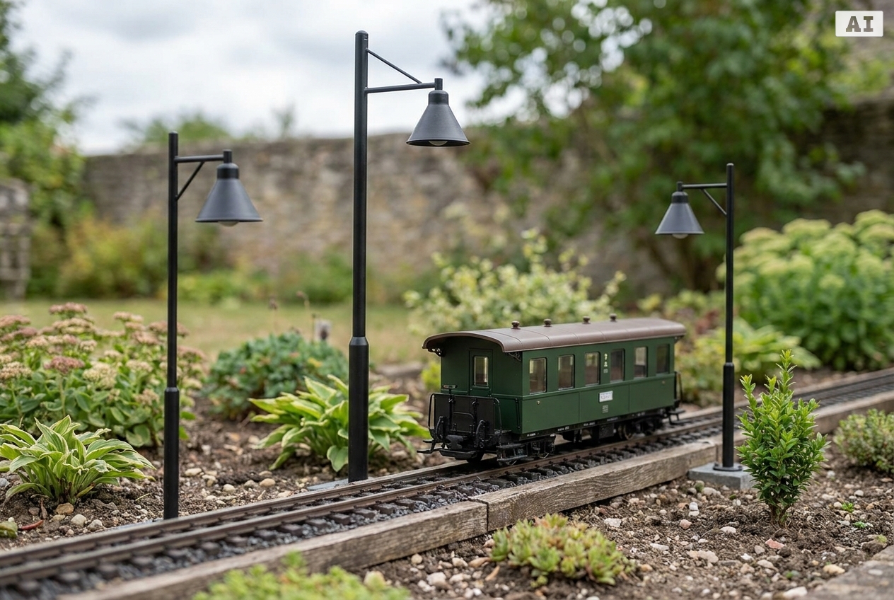 Welche Lampenmasten Höhe passt zu Spur G Gartenbahn – Detailansicht