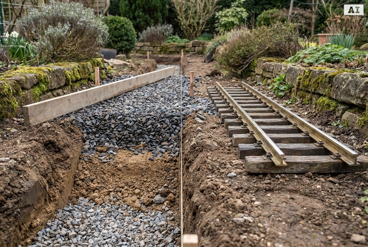 Gleisbettung und Schotter für Spur G Gartenbahn richtig anlegen – Detailansicht