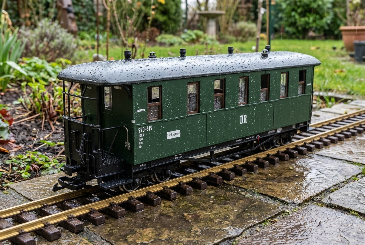 Personenwagen 7 Fenster Spur G für Gartenbahnen wetterfest machen – Detailansicht