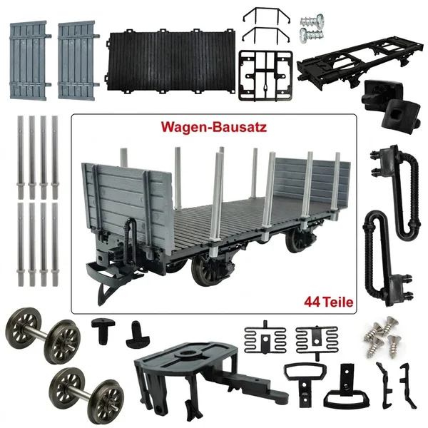 Rungenwagen Bausatz Spur G schwarz/grau mit Metall-Speichenradsätzen 31 mm – 44 Teile ML-Train 88923600