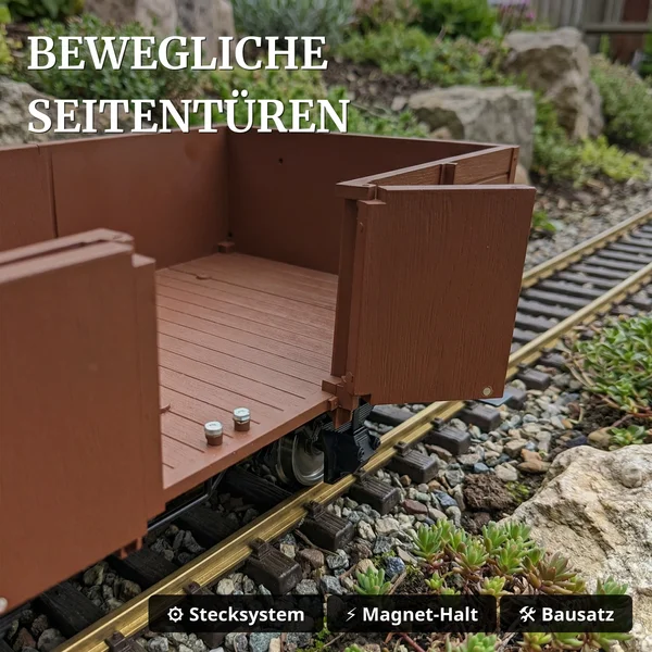 Hochbordwagen braun inkl. Türen mit Magnetverschluss und Edelstahlradsätzen als Spur G Bausatz ML-Train 88900060_auswahl4