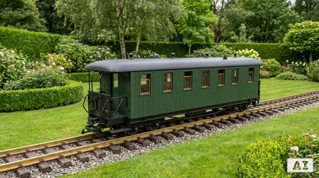 Personenwagen blau kurz auf Gartenbahn-Gleisen reinigen