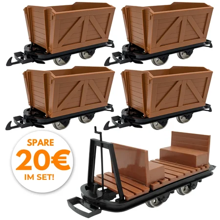 5er-Set Torflore Grubenhunt Feldbahnwagen und Mannschaftswagen mit Bremserbühne Spur-G als Bausatz ML-Train 8200256