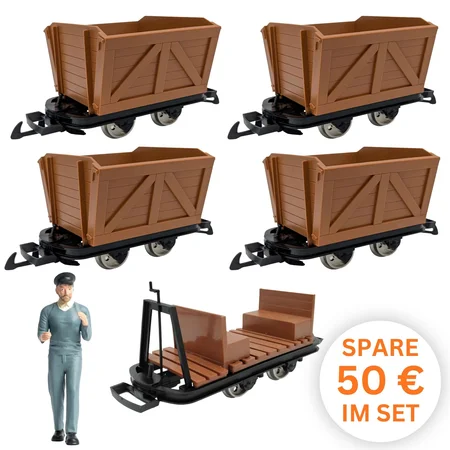 6er-Set Feldbahnwagen mit Lokführer Marius: 4 Torfloren und Mannschaftswagen, Bausatz Spur G, ML-Train 8200256