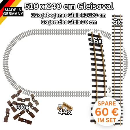 Großes Gleisoval-Set Messing R3 120 cm – 510 x 240 cm Spur G mit Zubehör ML-Train 8200288