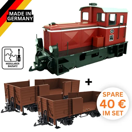 ML-Train Bausatz-Set Diesellok DEV V3 analog mit 2 Hochbordwagen braun – Art.-Nr. 8200291