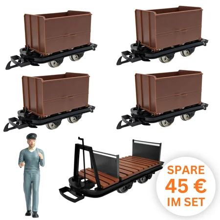6er-Set Feldbahnwagen mit Figur Marius: 4x Kastenlore und 1x Lore mit Bremserbühne, Spur G Bausatz ML-Train 8200299
