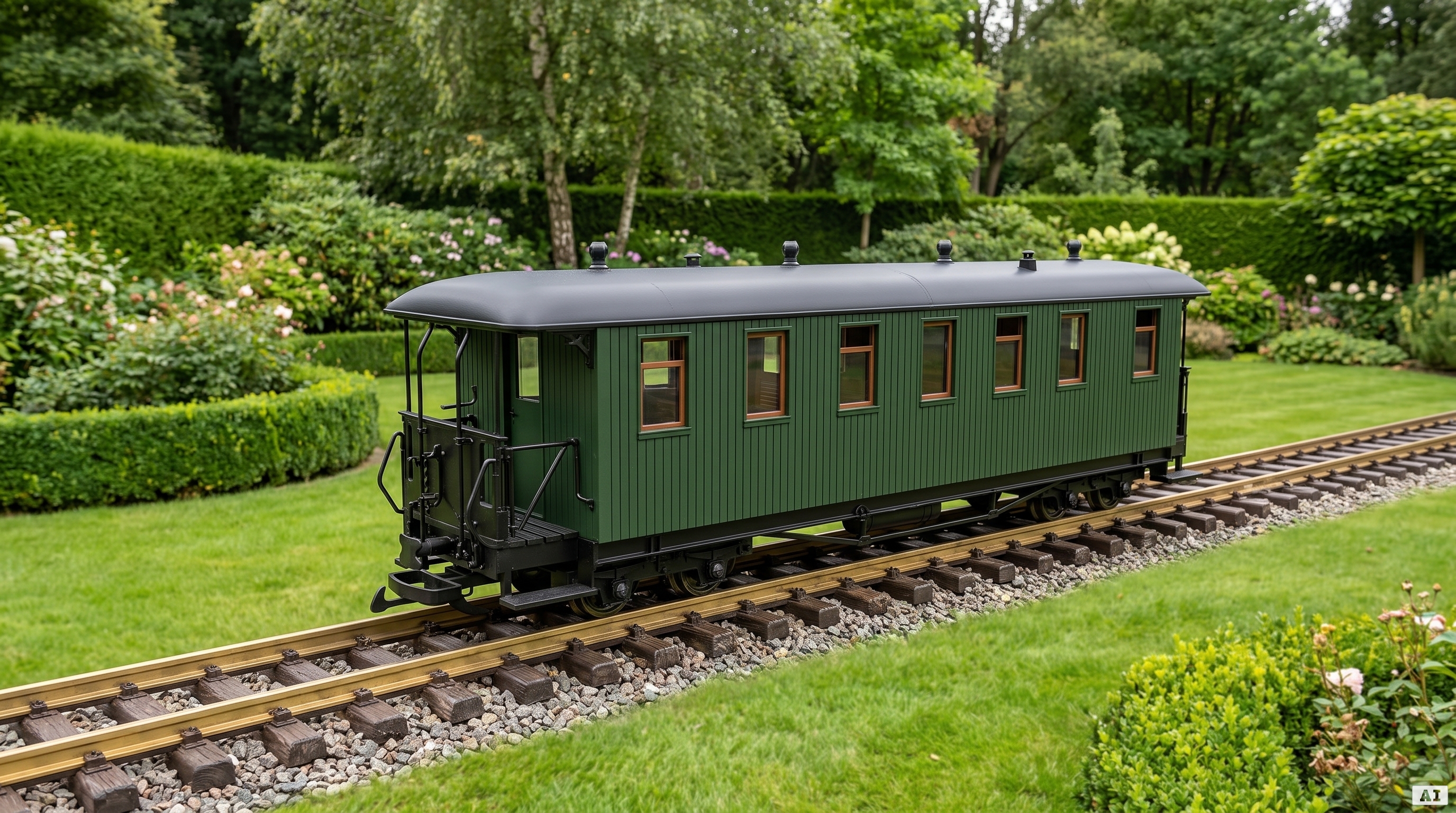 Personenwagen blau kurz auf Gartenbahn-Gleisen reinigen