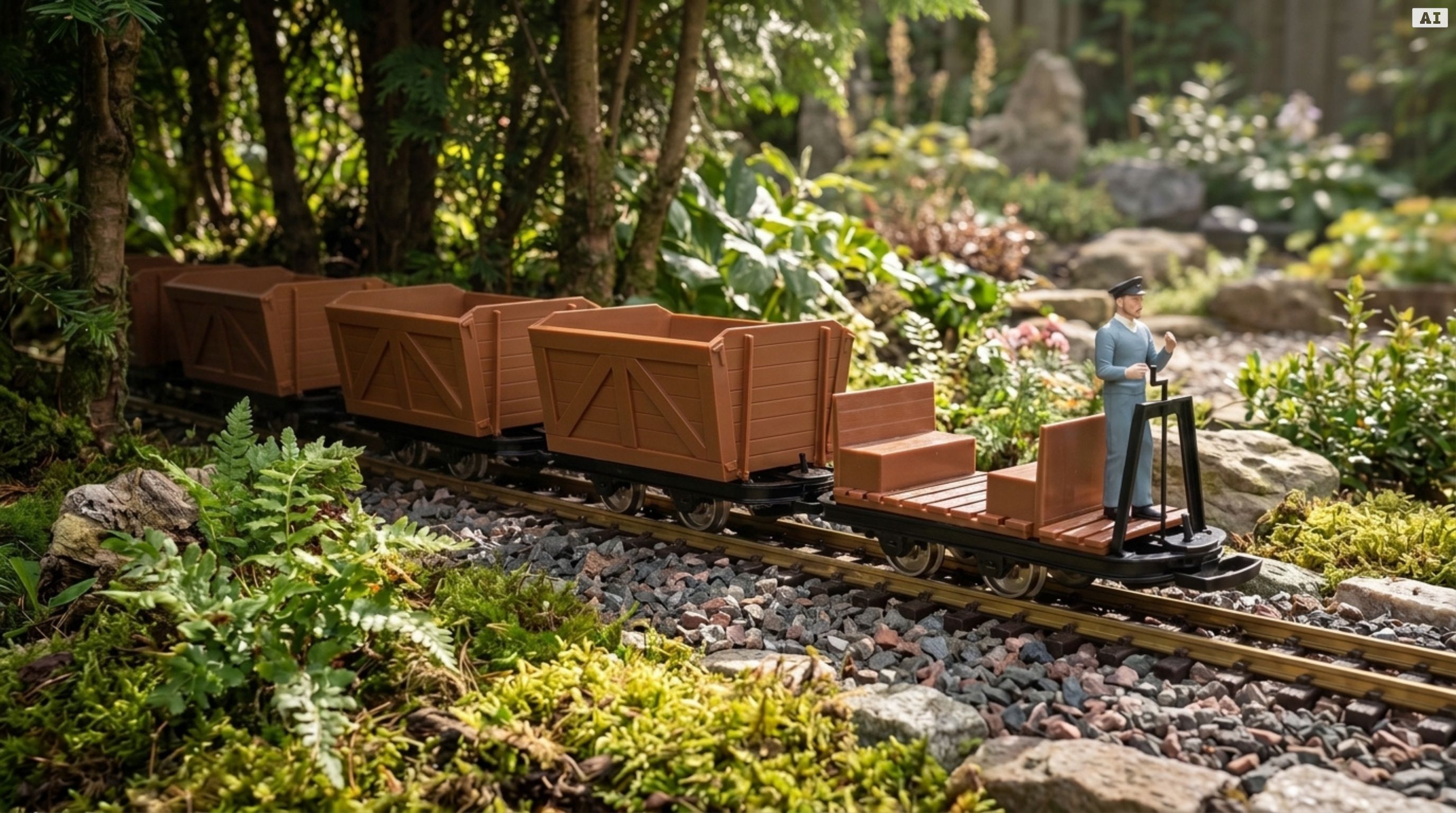 6er-Set Feldbahnwagen mit Lokführer Marius: 4 Torfloren und Mannschaftswagen, Bausatz Spur G, ML-Train 8200256 - Feldbahn im Einsatz