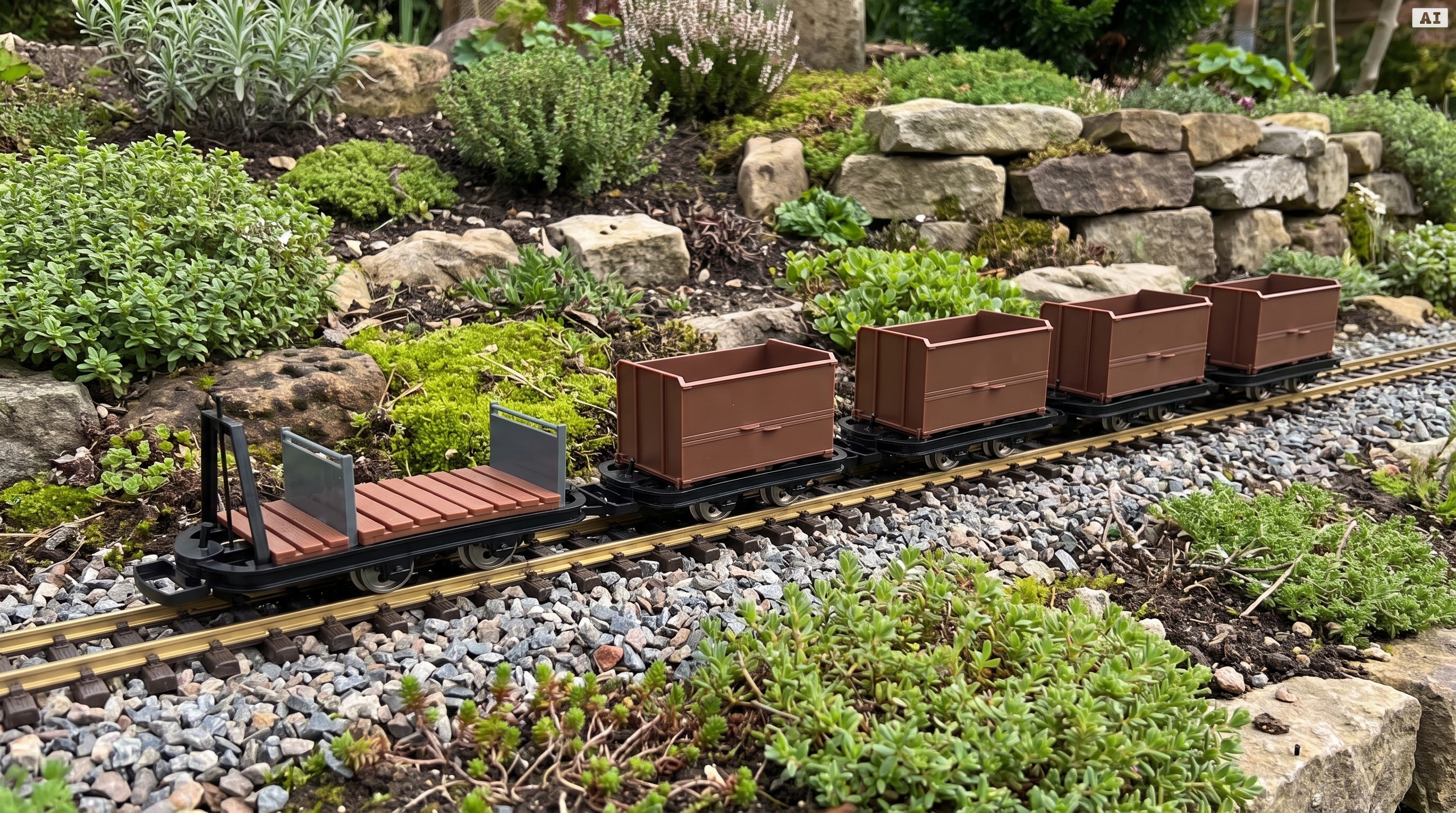 6er-Set Feldbahnwagen mit Figur Marius: 4x Kastenlore und 1x Lore mit Bremserbühne, Spur G Bausatz ML-Train 8200299 - Detaillierte Übersicht