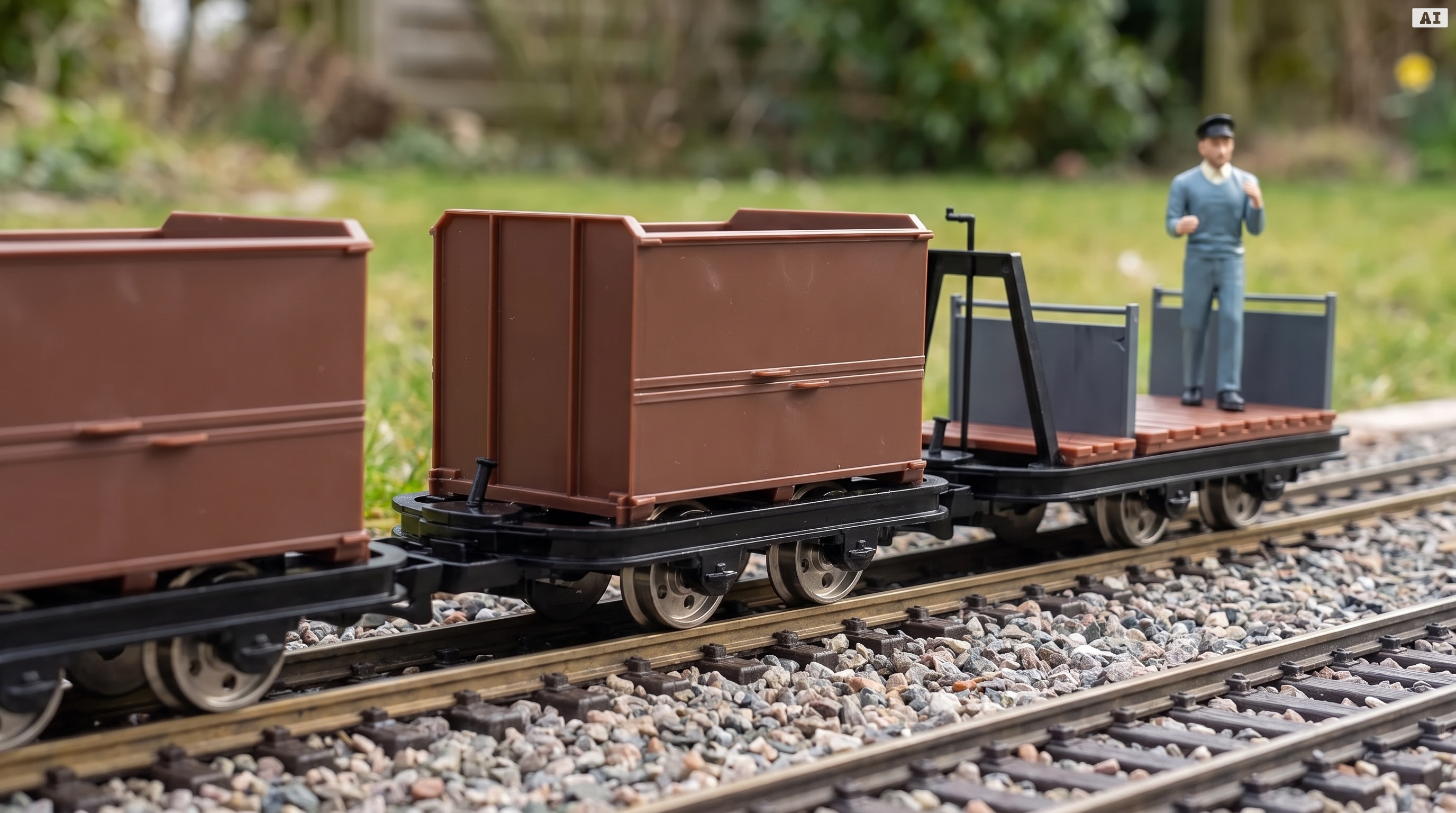 6er-Set Feldbahnwagen mit Figur Marius: 4x Kastenlore und 1x Lore mit Bremserbühne, Spur G Bausatz ML-Train 8200299 - Ihr Zug für die Anlage