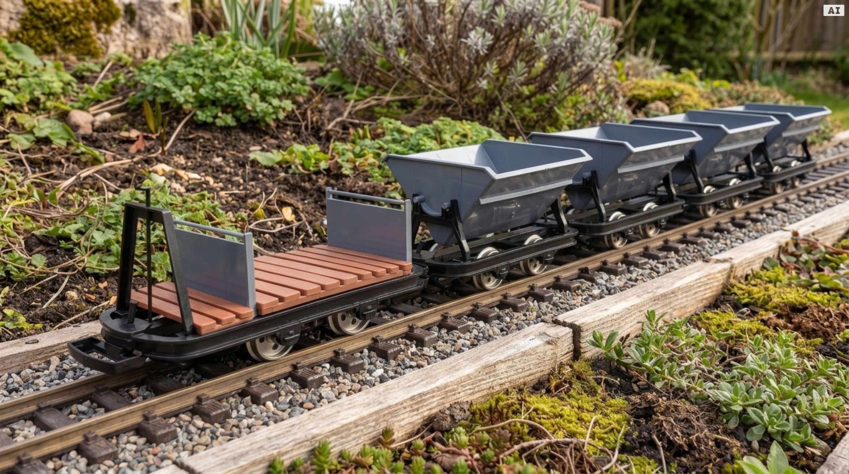 6er-Set Feldbahnwagen Spur G als Bausatz-Wagen mit Figur Marius - 4x Kipplore grau, Lore mit Bremserbühne, ML-Train 8200 - Detaillierte Übersicht