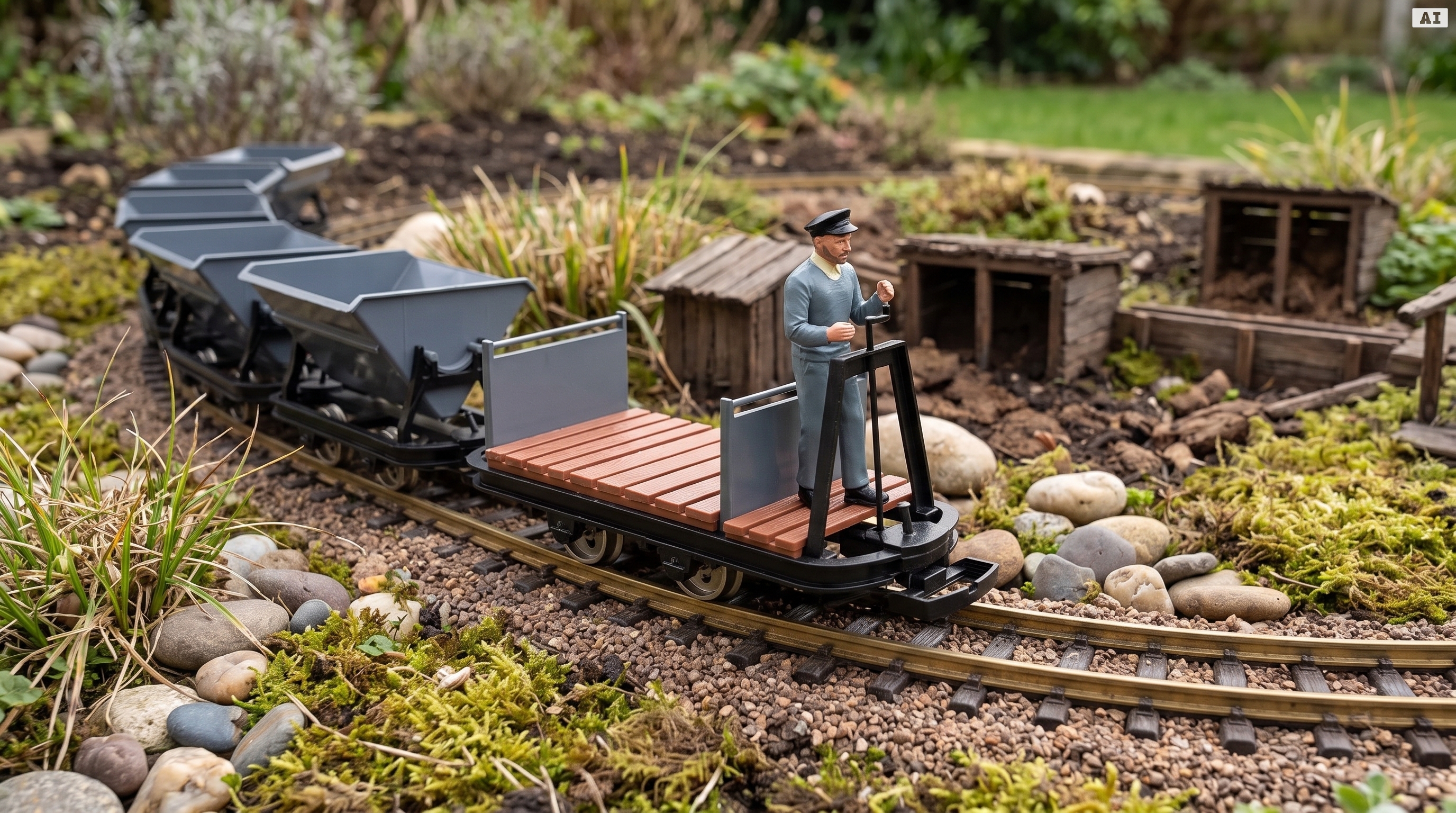 6er-Set Feldbahnwagen Spur G als Bausatz-Wagen mit Figur Marius - 4x Kipplore grau, Lore mit Bremserbühne, ML-Train 8200 - Vom Torfstich zur Gartenbahn