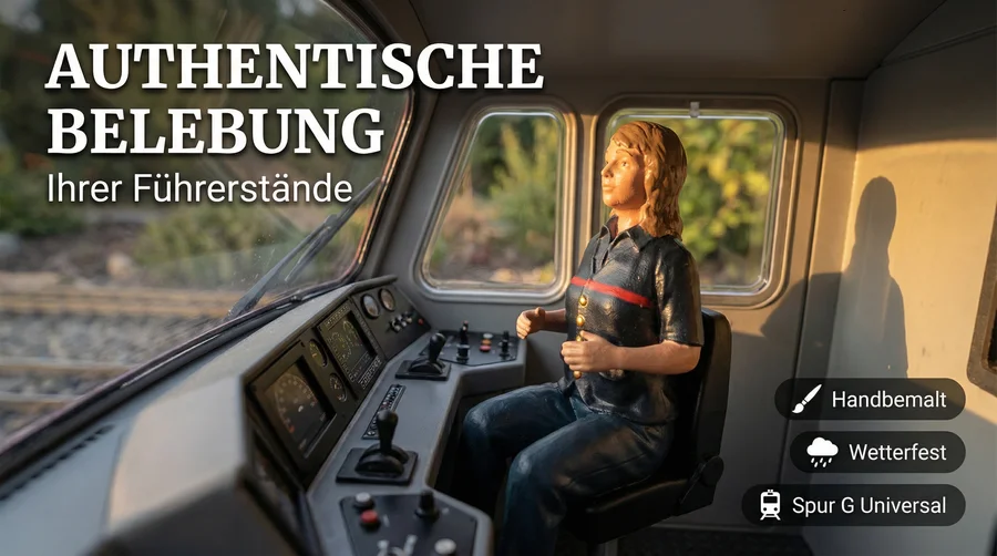 Lokführerin Nicole sitzend – handbemalte Spur-G-Figur für den Führerstand - Authentische Belebung Ihrer Führerstände