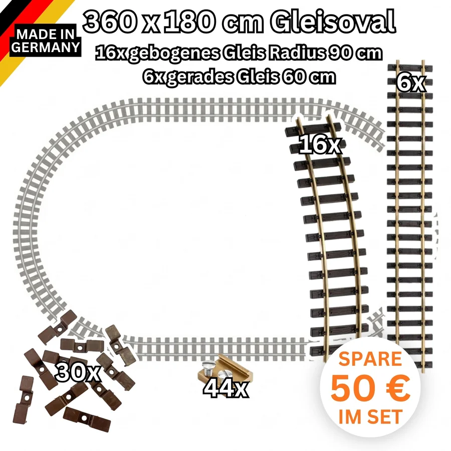 Großes Gleisoval-Set 360x180 cm Messing Radius 90 cm Spur G
