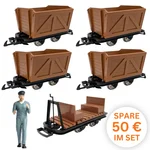 6er-Set Feldbahnwagen mit Lokführer Marius: 4 Torfloren und Mannschaftswagen, Bausatz Spur G, ML-Train 8200256